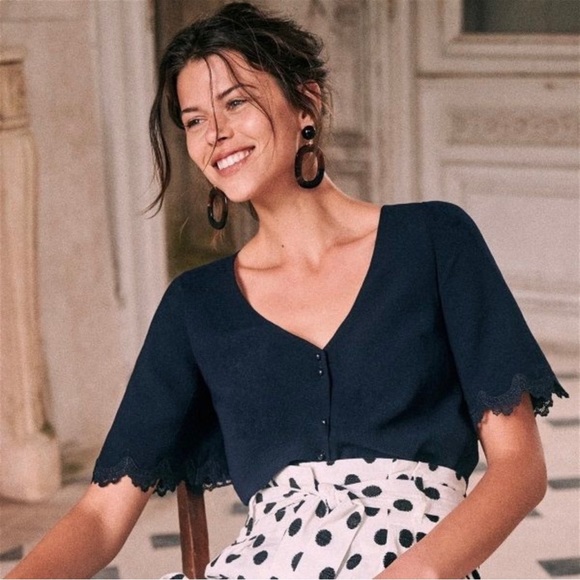 Sezane Tops - SÉZANE Aretha Lace Trim Blouse - Navy